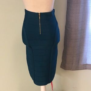 Bebe Teal Bandage skirt, gold exposed zipper back